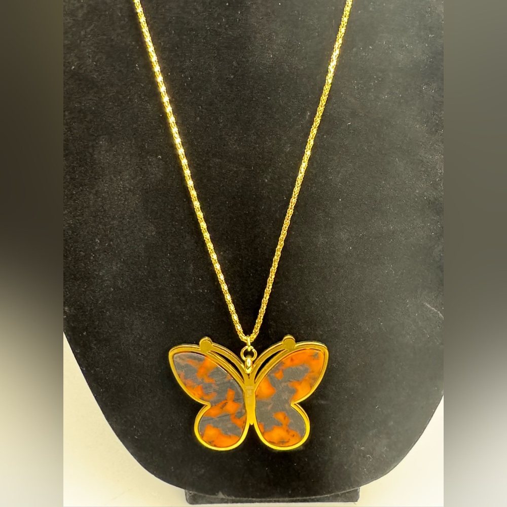 Butterfly pendant necklace tortoise rhinestones - Picture 5 of 11